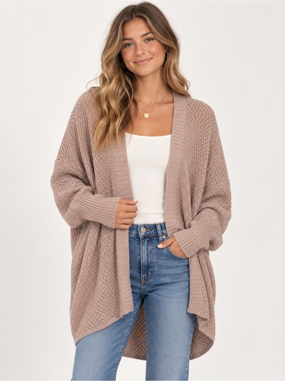 Swell Oversized Open Front Knit Cardigan Sweater Taupe Medium